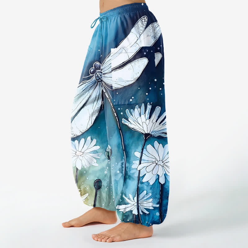 Buddha Stones Cotton Watercolor Dragonfly Daisy Pattern Women's Elastic Waist Harem Pants With Side Pockets - image 1