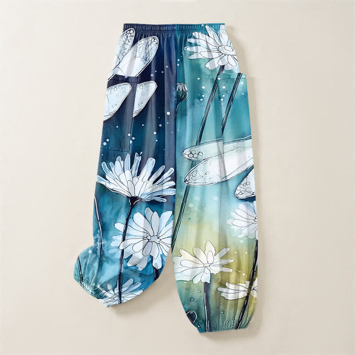 Buddha Stones Cotton Watercolor Dragonfly Daisy Pattern Women's Elastic Waist Harem Pants With Side Pockets - image 3