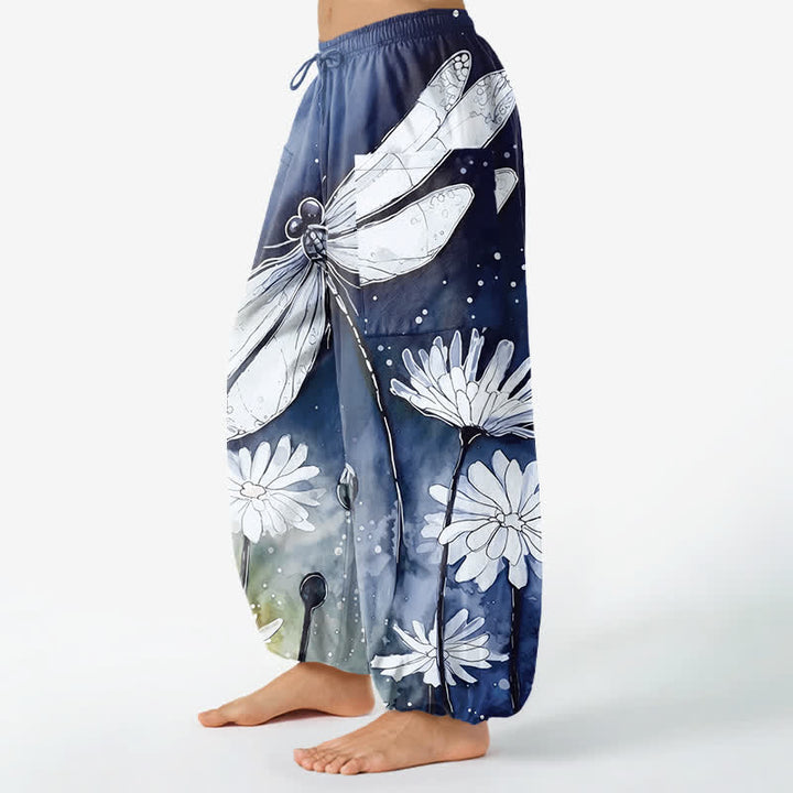 Buddha Stones Cotton Watercolor Dragonfly Daisy Pattern Women's Elastic Waist Harem Pants With Side Pockets - image 11