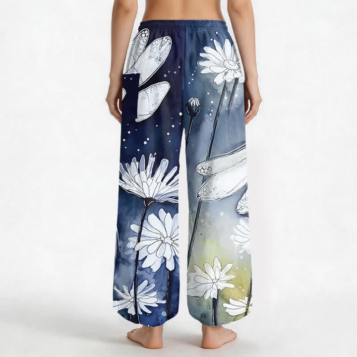 Buddha Stones Cotton Watercolor Dragonfly Daisy Pattern Women's Elastic Waist Harem Pants With Side Pockets - image 12