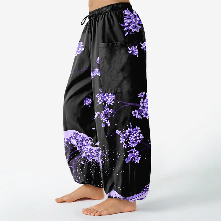 Buddha Stones Cotton Ukiyo-e Bloom Wave Pattern Women's Elastic Waist Harem Pants With Side Pockets - image 1