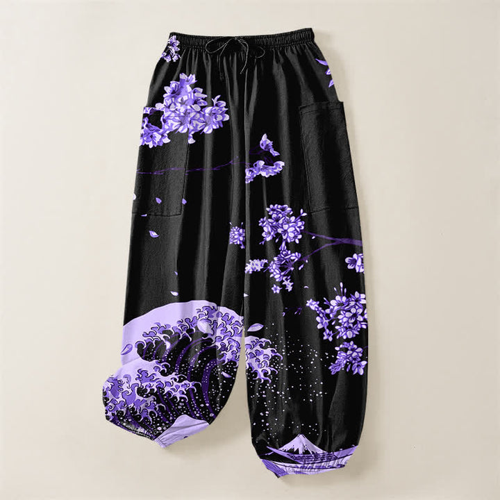 Buddha Stones Cotton Ukiyo-e Bloom Wave Pattern Women's Elastic Waist Harem Pants With Side Pockets - image 3
