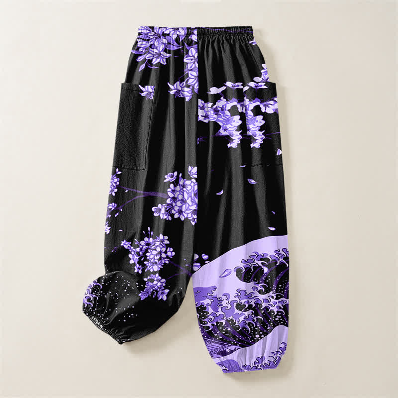 Buddha Stones Cotton Ukiyo-e Bloom Wave Pattern Women's Elastic Waist Harem Pants With Side Pockets - image 4