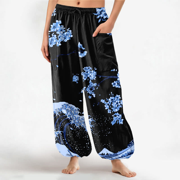 Buddha Stones Cotton Ukiyo-e Bloom Wave Pattern Women's Elastic Waist Harem Pants With Side Pockets - LightSkyBlue - US16，UK/AU20，EU48 (3XL) - image 7