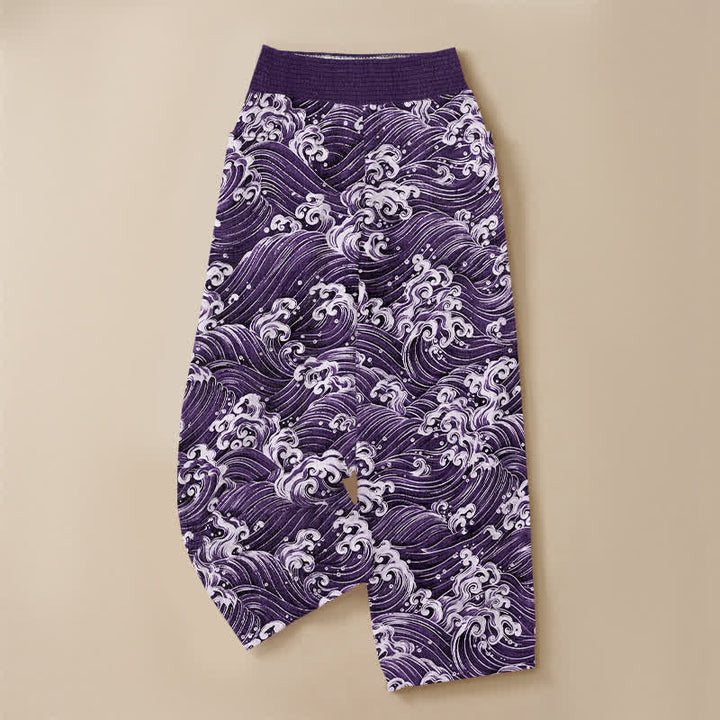 Buddha Stones Cotton Ocean Wave Pattern Pleated Elastic Waist Women's Harem Pants With Pockets - image 9