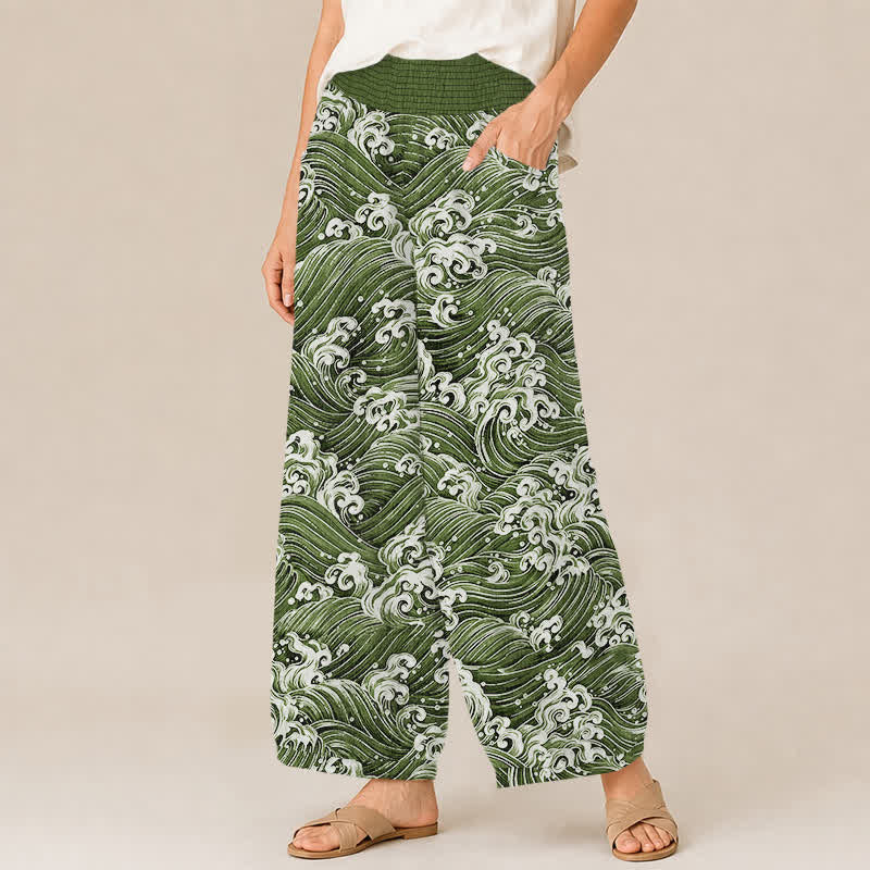 Buddha Stones Cotton Ocean Wave Pattern Pleated Elastic Waist Women's Harem Pants With Pockets - image 11