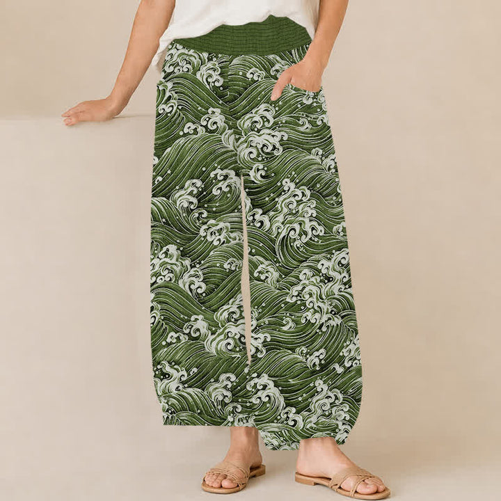 Buddha Stones Cotton Ocean Wave Pattern Pleated Elastic Waist Women's Harem Pants With Pockets - OliveDrab - US16，UK/AU20，EU48 (3XL) - image 10