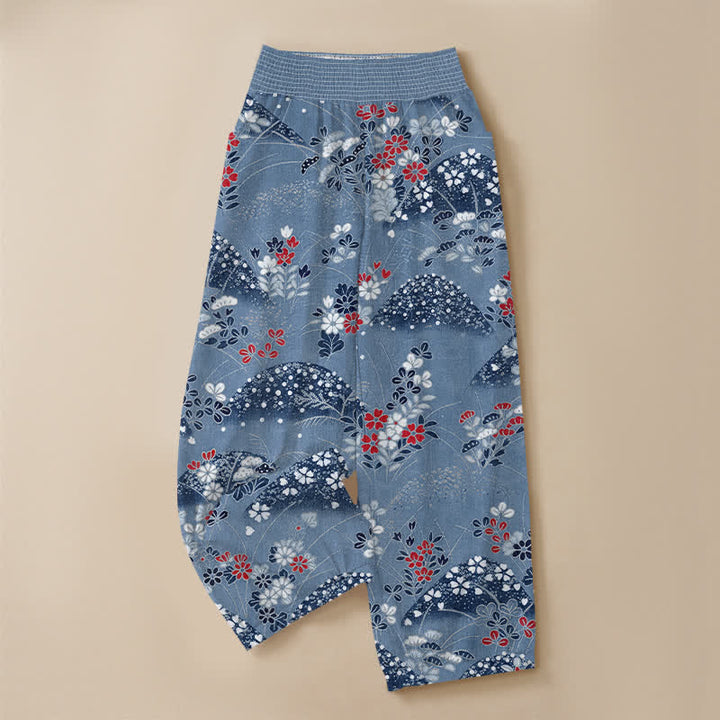 Buddha Stones Cotton Hill Blossom Pattern Pleated Elastic Waist Women's Harem Pants With Pockets - image 9