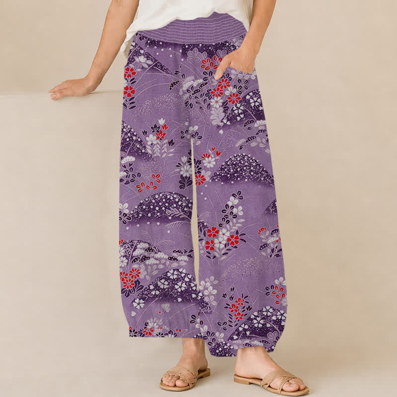 Buddha Stones Cotton Hill Blossom Pattern Pleated Elastic Waist Women's Harem Pants With Pockets - DarkOrchid - US16，UK/AU20，EU48 (3XL) - image 10
