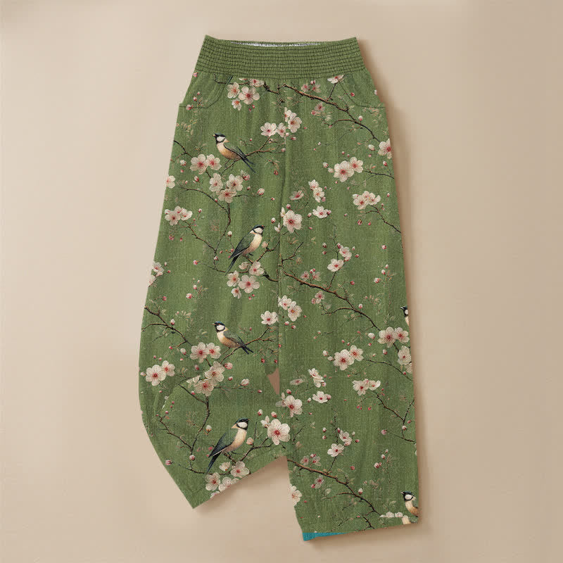 Buddha Stones Cotton Vintage Floral Bird Pattern Pleated Elastic Waist Women's Harem Pants With Pockets - image 9