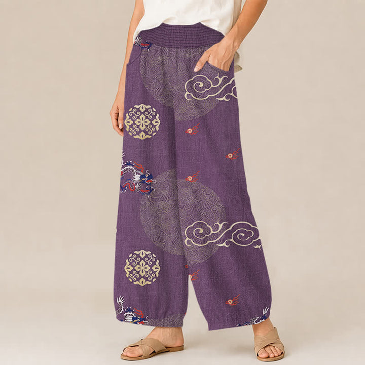 Buddha Stones Cotton Vintage Dragon Totem Pattern Pleated Elastic Waist Women's Harem Pants With Pockets - image 7