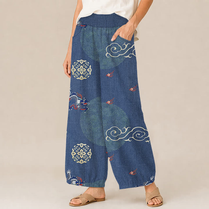 Buddha Stones Cotton Vintage Dragon Totem Pattern Pleated Elastic Waist Women's Harem Pants With Pockets - image 11