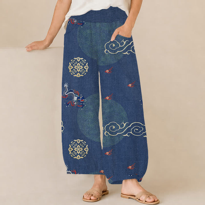 Buddha Stones Cotton Vintage Dragon Totem Pattern Pleated Elastic Waist Women's Harem Pants With Pockets - SteelBlue - US16，UK/AU20，EU48 (3XL) - image 10