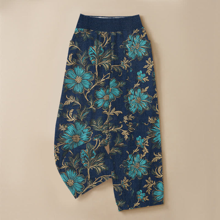 Buddha Stones Cotton Midnight Bloom Botanical Pattern Pleated Elastic Waist Women's Harem Pants With Pockets - image 9