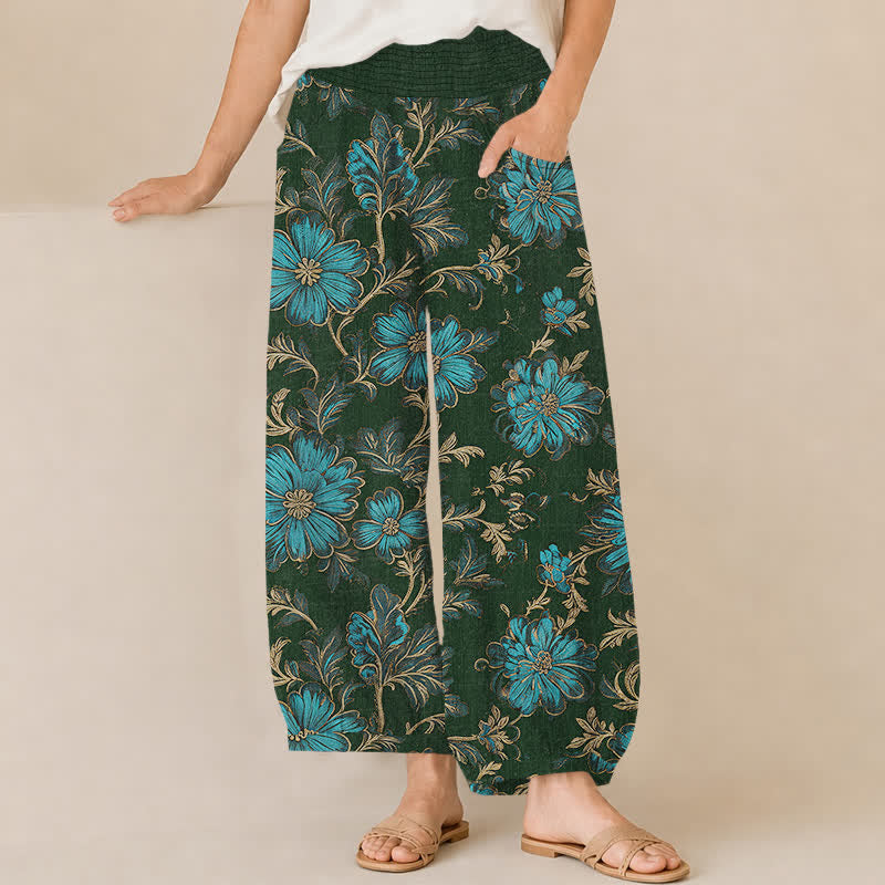 Buddha Stones Cotton Midnight Bloom Botanical Pattern Pleated Elastic Waist Women's Harem Pants With Pockets - DarkGreen - US16，UK/AU20，EU48 (3XL) - image 10