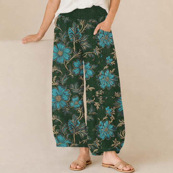 Buddha Stones Cotton Midnight Bloom Botanical Pattern Pleated Elastic Waist Women's Harem Pants With Pockets - DarkGreen - US16，UK/AU20，EU48 (3XL) - image 10