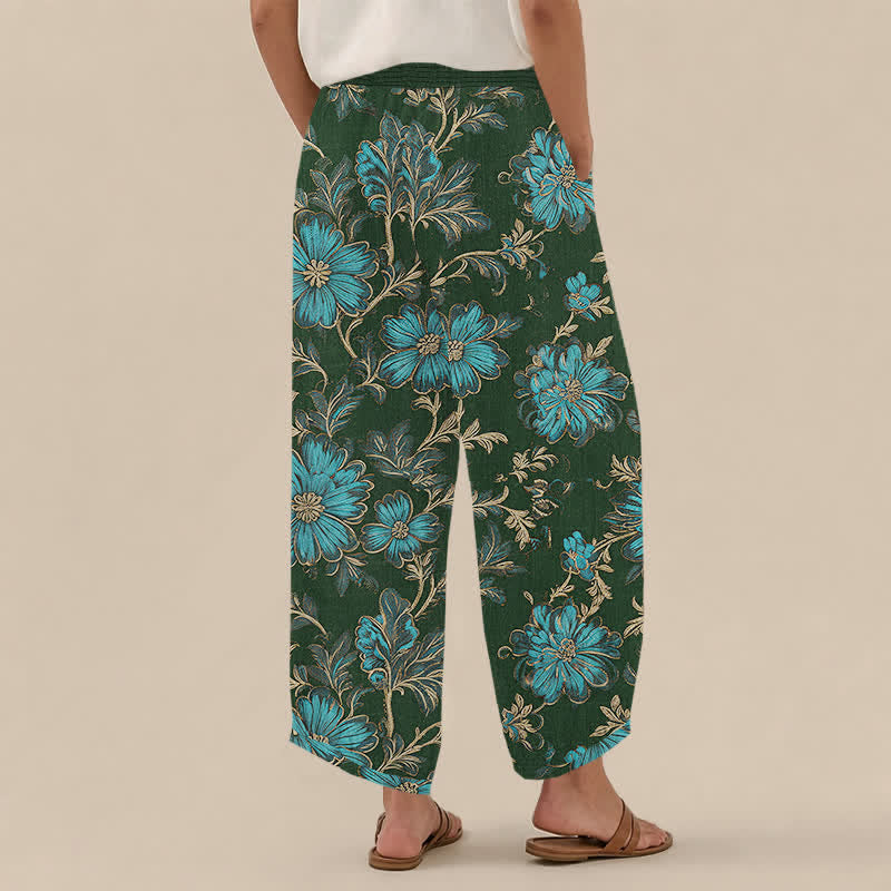 Buddha Stones Cotton Midnight Bloom Botanical Pattern Pleated Elastic Waist Women's Harem Pants With Pockets - image 12