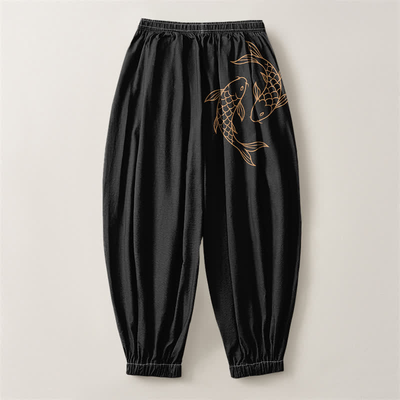 Buddha Stones Pure Cotton Double Koi Fish Pattern Drawstring Men's Harem Pants With Pockets - image 2