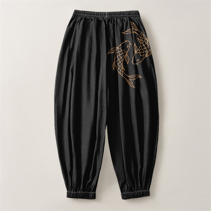 Buddha Stones Pure Cotton Double Koi Fish Pattern Drawstring Men's Harem Pants With Pockets - image 2