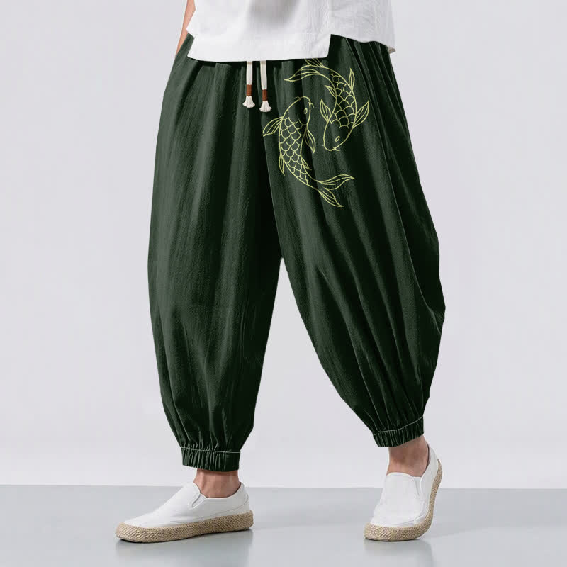 Buddha Stones Pure Cotton Double Koi Fish Pattern Drawstring Men's Harem Pants With Pockets - DarkGreen - US/UK/AU50，EU60 (5XL) - image 6