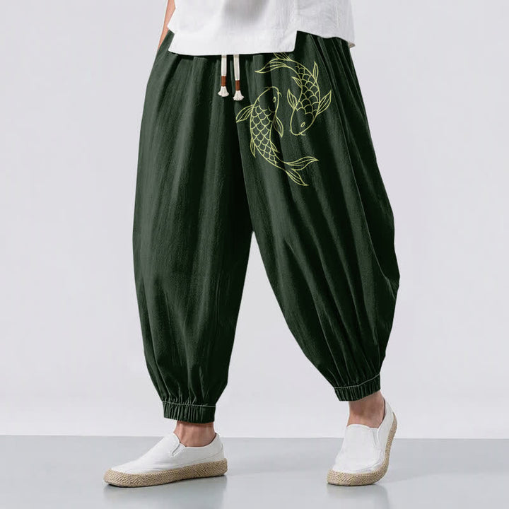 Buddha Stones Pure Cotton Double Koi Fish Pattern Drawstring Men's Harem Pants With Pockets - DarkGreen - US/UK/AU50，EU60 (5XL) - image 6