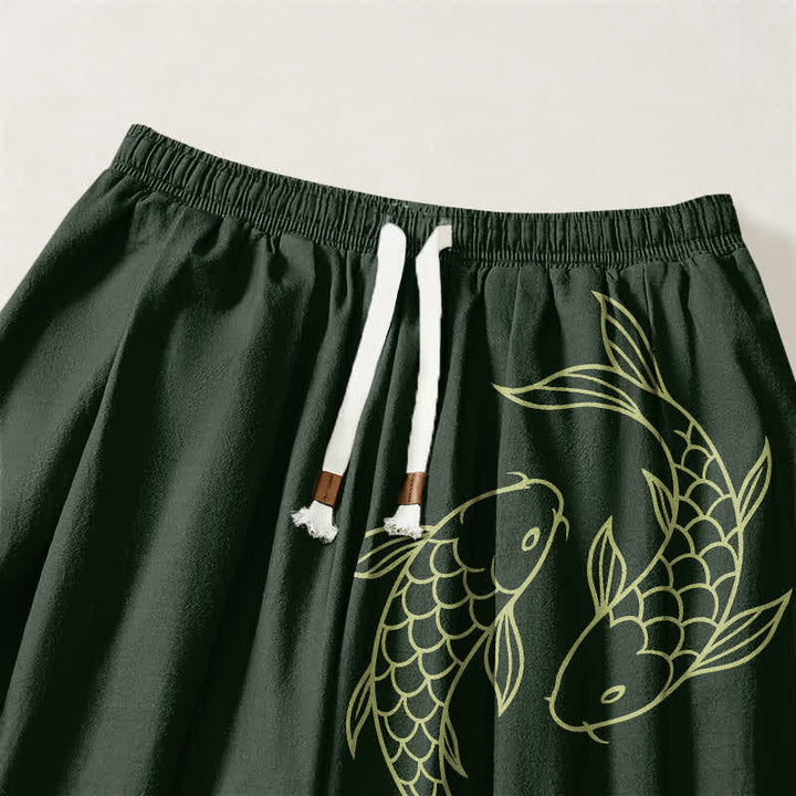 Buddha Stones Pure Cotton Double Koi Fish Pattern Drawstring Men's Harem Pants With Pockets - image 9