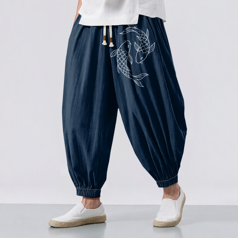 Buddha Stones Pure Cotton Double Koi Fish Pattern Drawstring Men's Harem Pants With Pockets - Navy - US/UK/AU50，EU60 (5XL) - image 12