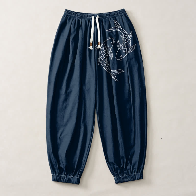 Buddha Stones Pure Cotton Double Koi Fish Pattern Drawstring Men's Harem Pants With Pockets - image 13