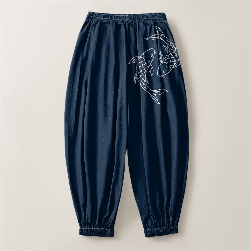 Buddha Stones Pure Cotton Double Koi Fish Pattern Drawstring Men's Harem Pants With Pockets - image 14