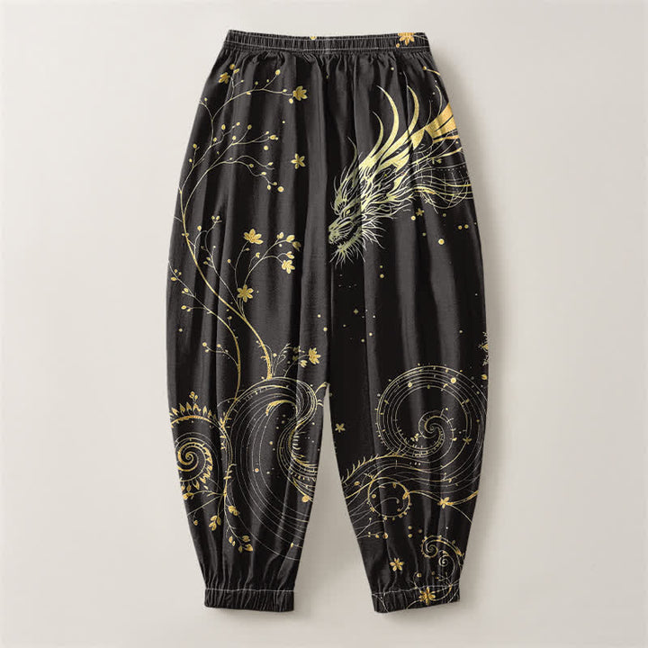 Buddha Stones Pure Cotton Golden Dragon Cloud Pattern Drawstring Men's Harem Pants With Pockets - image 2