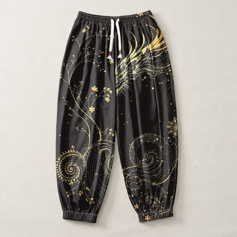 Buddha Stones Pure Cotton Golden Dragon Cloud Pattern Drawstring Men's Harem Pants With Pockets - image 1