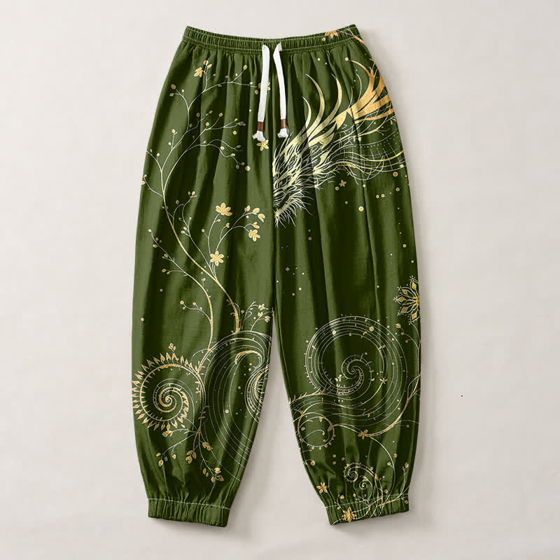 Buddha Stones Pure Cotton Golden Dragon Cloud Pattern Drawstring Men's Harem Pants With Pockets - image 13
