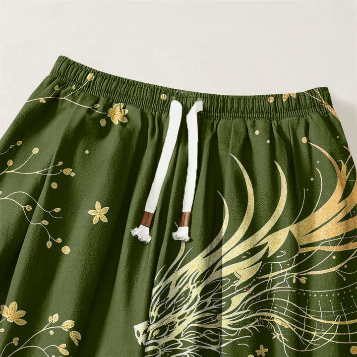 Buddha Stones Pure Cotton Golden Dragon Cloud Pattern Drawstring Men's Harem Pants With Pockets - image 15