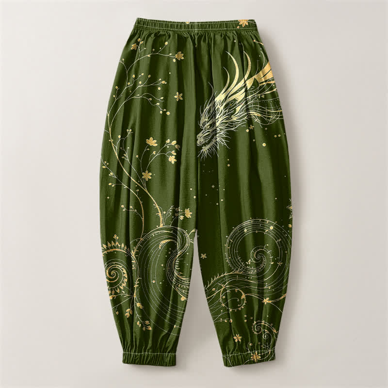 Buddha Stones Pure Cotton Golden Dragon Cloud Pattern Drawstring Men's Harem Pants With Pockets - image 14