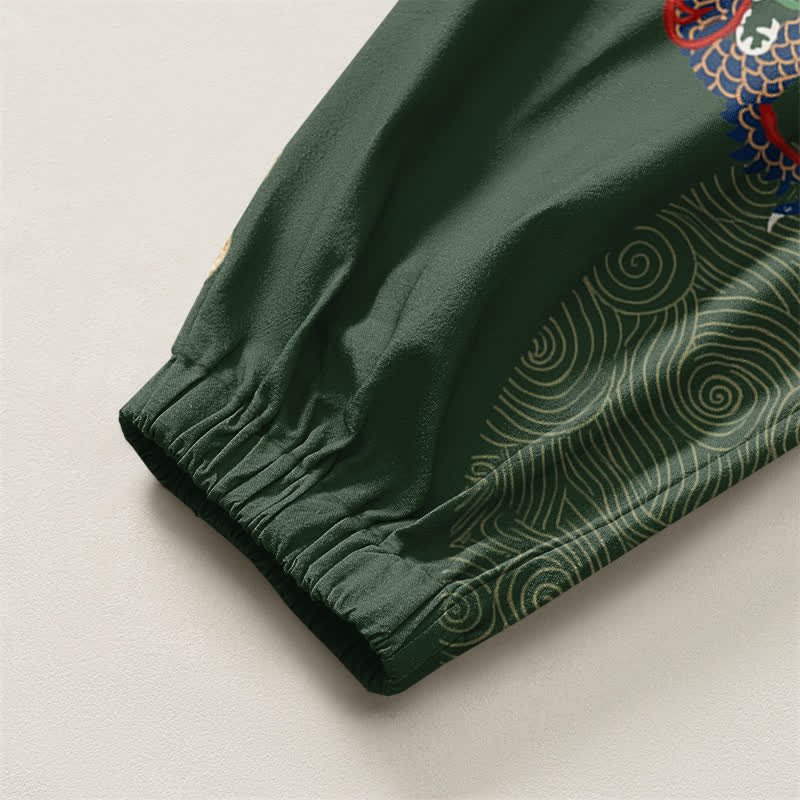 Buddha Stones Pure Cotton Dragon Golden Cloud Medallion Pattern Drawstring Men's Harem Pants With Pockets - image 4