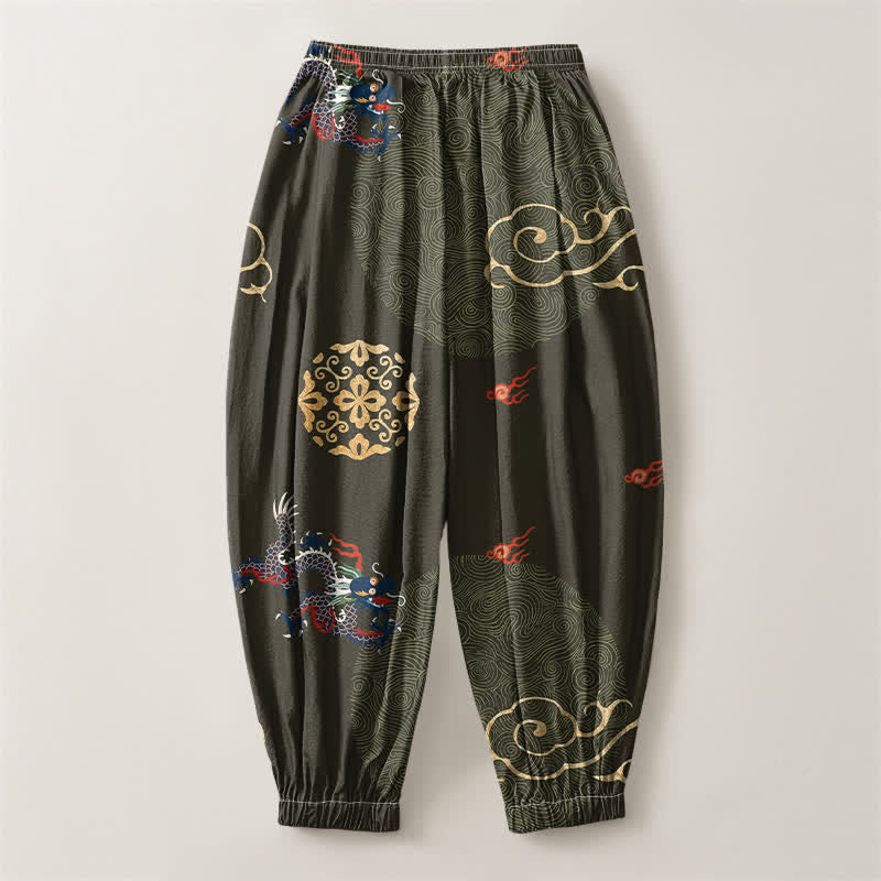 Buddha Stones Pure Cotton Dragon Golden Cloud Medallion Pattern Drawstring Men's Harem Pants With Pockets - image 8