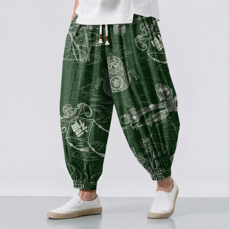 Buddha Stones Pure Cotton Auspicious Cloud Coin Script Pattern Drawstring Men's Harem Pants With Pockets - ForestGreen - US/UK/AU50，EU60 (5XL) - image 0
