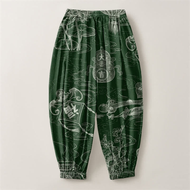 Buddha Stones Pure Cotton Auspicious Cloud Coin Script Pattern Drawstring Men's Harem Pants With Pockets - image 2