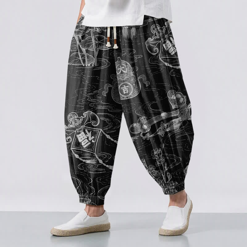 Buddha Stones Pure Cotton Auspicious Cloud Coin Script Pattern Drawstring Men's Harem Pants With Pockets - Black - US/UK/AU50，EU60 (5XL) - image 6