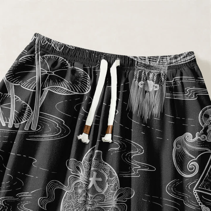 Buddha Stones Pure Cotton Auspicious Cloud Coin Script Pattern Drawstring Men's Harem Pants With Pockets - image 9