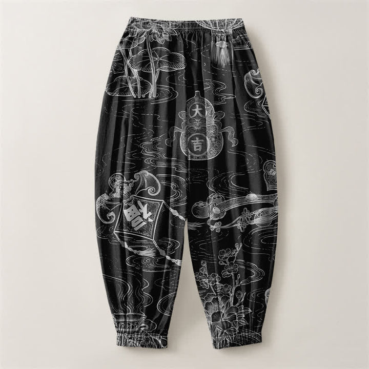 Buddha Stones Pure Cotton Auspicious Cloud Coin Script Pattern Drawstring Men's Harem Pants With Pockets - image 8