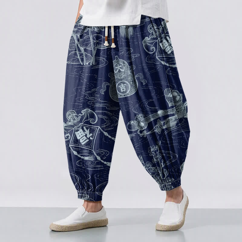 Buddha Stones Pure Cotton Auspicious Cloud Coin Script Pattern Drawstring Men's Harem Pants With Pockets - Navy - US/UK/AU50，EU60 (5XL) - image 12