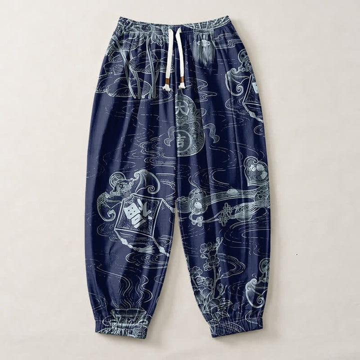 Buddha Stones Pure Cotton Auspicious Cloud Coin Script Pattern Drawstring Men's Harem Pants With Pockets - image 13