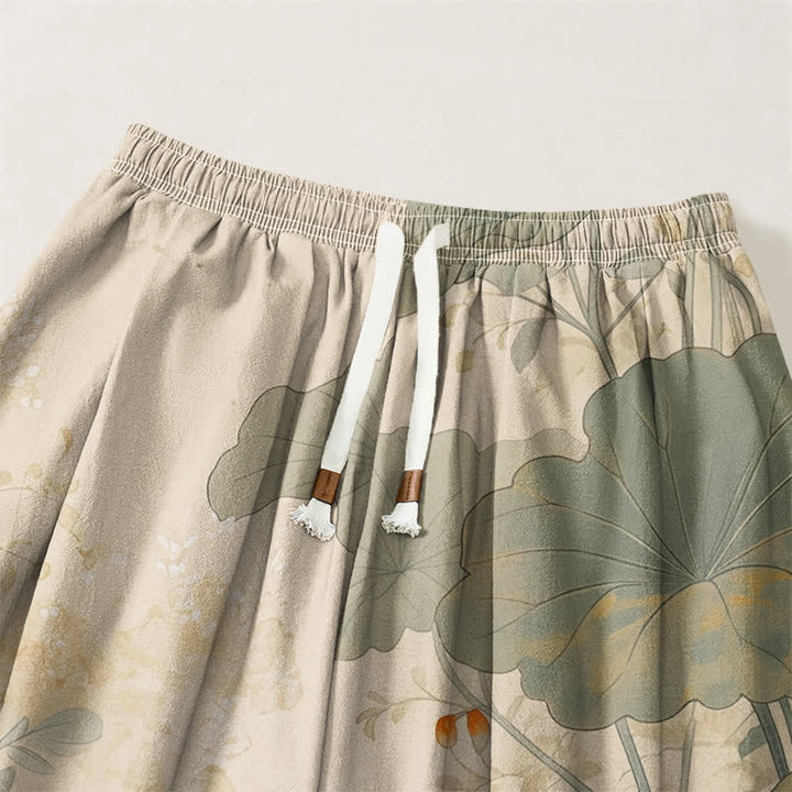Buddha Stones Pure Cotton Vintage Floral Lotus Cat Pattern Drawstring Men's Harem Pants With Pockets - image 3