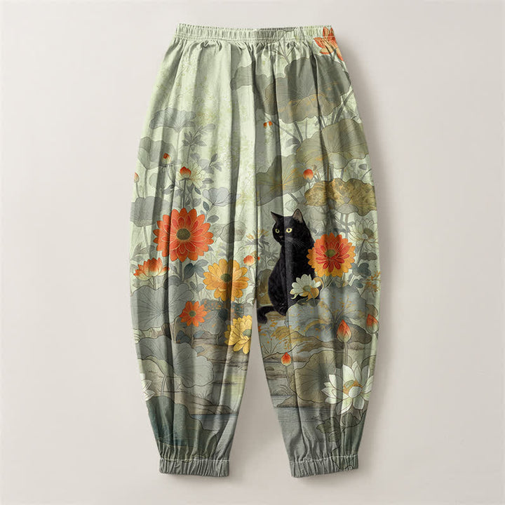 Buddha Stones Pure Cotton Vintage Floral Lotus Cat Pattern Drawstring Men's Harem Pants With Pockets - image 8