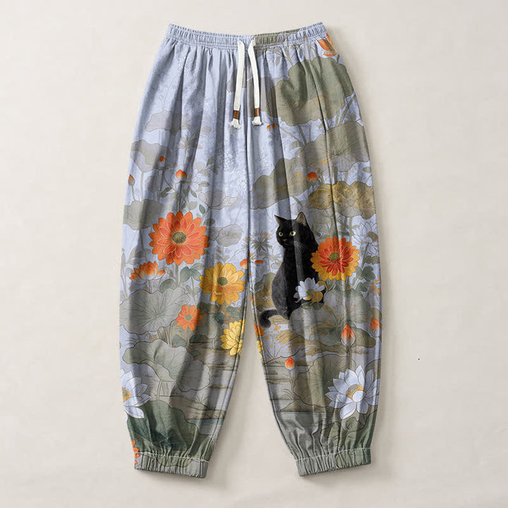 Buddha Stones Pure Cotton Vintage Floral Lotus Cat Pattern Drawstring Men's Harem Pants With Pockets - image 13