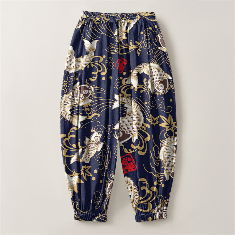 Buddha Stones Pure Cotton Koi Fish Ocean Waves Pattern Drawstring Men's Harem Pants With Pockets - image 8