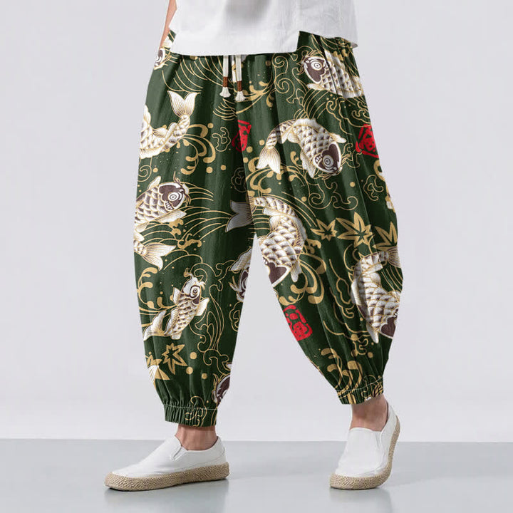 Buddha Stones Pure Cotton Koi Fish Ocean Waves Pattern Drawstring Men's Harem Pants With Pockets - ForestGreen - US/UK/AU50，EU60 (5XL) - image 12