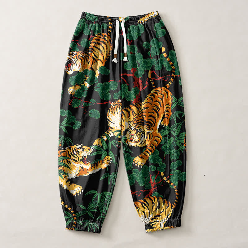 Buddha Stones Pure Cotton Tiger Tropical Leaf Pattern Drawstring Men's Harem Pants With Pockets - image 1