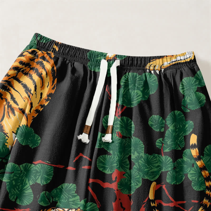 Buddha Stones Pure Cotton Tiger Tropical Leaf Pattern Drawstring Men's Harem Pants With Pockets - image 3